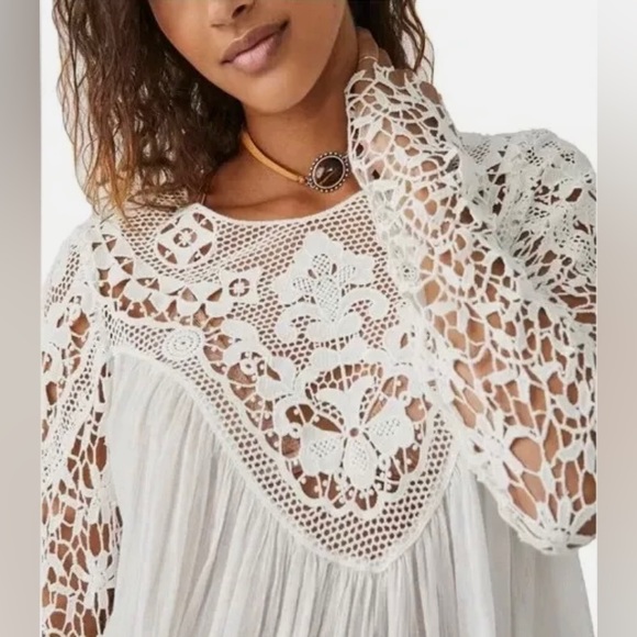 Free People Tops - Free People FP One Vera Lace Crochet Sleeve Tunic Top NWOT